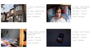 5. Scene – Outside Daniels
house
Shot Type – Establishing
Duration - 00:04:00
Sound - soundtrack
6. Scene – Daniel Waking
up, rubbing his eyes
Shot Type – Close up
Duration - 00:03:02
Sound - Voiceover
7. Scene – Daniel reaching
for his phone, and
dropping it
Shot Type – Mid shot
Duration - 00:06:00
Sound - Voiceover
8. Scene – Phone ringing
Shot Type – Close up
Duration - 00:02:00
Sound - Voiceover
 