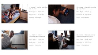 9. Scene – Daniel falling
out of bed
Shot Type – Wide shot
Duration - 00:09:00
Sound - Voiceover
10. Scene – Daniel picking
up his phone
Shot Type – Close up
Duration - 00:05:00
Sound - Voiceover
11. Scene – Daniel
throwing way his phone
Shot Type – Close up
Duration - 00:04:00
Sound - Voiceover
12. Scene – Daniel moving
towards his wheelchair
Shot Type – Wide shot
Duration - 00:05:00
Sound - Voiceover
 