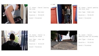 17. Scene – Daniel leaving
the room
Shot Type – Mid shot
Duration - 00:04:00
Sound - Voiceover
20. Scene – Daniel
wheeling down his driveway
Shot Type – Close up
Duration - 00:04:00
Sound - Voiceover
18. Scene – Daniel opening
the front door
Shot Type – Wide shot
Duration - 00:06:00
Sound - Voiceover
19. Scene – Daniel is
leaving the house
Shot Type – Over the
shoulder
Duration - 00:02:00
Sound - Voiceover
 