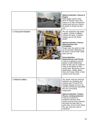 14
Optional Activities: Chance &
Passive
While people wait for other
forms of transport (taxis and
buses) or to meet someone,the
contact point acts as a chance
for people to interact as they
wait.
2. Chong Kok Kopitiam The only restaurant that serves
a variety of foods of different
cultures and races. A popular
meeting spot for the Klang
people.
Optional Activities: Chance,
Acquaintances and
Friendships
People have the option to meet
up and eat there depending on
the space it has for them settle
down and eat.
Social Activities:
Acquaintances and Friends
It acts as a gathering point for
people to build relationships
there as food acts as a basis to
meet up and gather as their
similar need. Interacting to form
relationships. People gather
there and it leads others in their
curiosity to do the same.
3. National Gallery The visitors treat this historical
landmark as a gathering and
meeting point to start off the
heritage walkway and tour. Its
colonial architectural style differs
from the surrounding
shophouses.
Optional Activities: Passive,
Chance and Acquaintanced
It acts as a chance for
interaction because when
tourists stop by at this landmark,
the locals can help them to
guide them around South Klang.
The very basis and start of
interaction.
 
