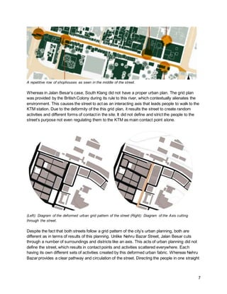 7
A repetitive row of shophouses as seen in the middle of the street.
Whereas in Jalan Besar’s case, South Klang did not have a proper urban plan. The grid plan
was provided by the British Colony during its rule to this river, which contextually alienates the
environment. This causes the street to act as an interacting axis that leads people to walk to the
KTM station. Due to the deformity of the this grid plan, it results the street to create random
activities and different forms of contact in the site. It did not define and strict the people to the
street’s purpose not even regulating them to the KTM as main contact point alone.
(Left): Diagram of the deformed urban grid pattern of the street (Right): Diagram of the Axis cutting
through the street.
Despite the fact that both streets follow a grid pattern of the city’s urban planning, both are
different as in terms of results of this planning. Unlike Nehru Bazar Street, Jalan Besar cuts
through a number of surroundings and districts like an axis. This acts of urban planning did not
define the street, which results in contact points and activities scattered everywhere. Each
having its own different sets of activities created by this deformed urban fabric. Whereas Nehru
Bazar provides a clear pathway and circulation of the street. Directing the people in one straight
 