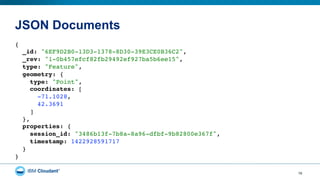 JSON Documents
16
{ 
_id: "6EF9D2B0-13D3-1378-8D30-39E3CE0B36C2", 
_rev: "1-0b457efcf82fb29492ef927ba5b6ee15", 
type: "Feature", 
geometry: { 
type: "Point", 
coordinates: [ 
-71.1028, 
42.3691 
] 
}, 
properties: { 
session_id: "3486b13f-7b8a-8a96-dfbf-9b82800e367f", 
timestamp: 1422928591717 
} 
}
 