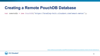 Creating a Remote PouchDB Database
43
var remoteDb = new PouchDB("https://bradley-holt.cloudant.com/smart-meter");"
https://github.com/bradley-holt/offline-first/blob/master/pouchdb/02-create-remote-database.js
 