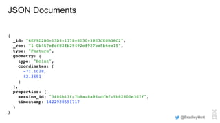 JSON Documents
{ 
_id: "6EF9D2B0-13D3-1378-8D30-39E3CE0B36C2", 
_rev: "1-0b457efcf82fb29492ef927ba5b6ee15", 
type: "Feature", 
geometry: { 
type: "Point", 
coordinates: [ 
-71.1028, 
42.3691 
] 
}, 
properties: { 
session_id: "3486b13f-7b8a-8a96-dfbf-9b82800e367f", 
timestamp: 1422928591717 
} 
}
@BradleyHolt
 