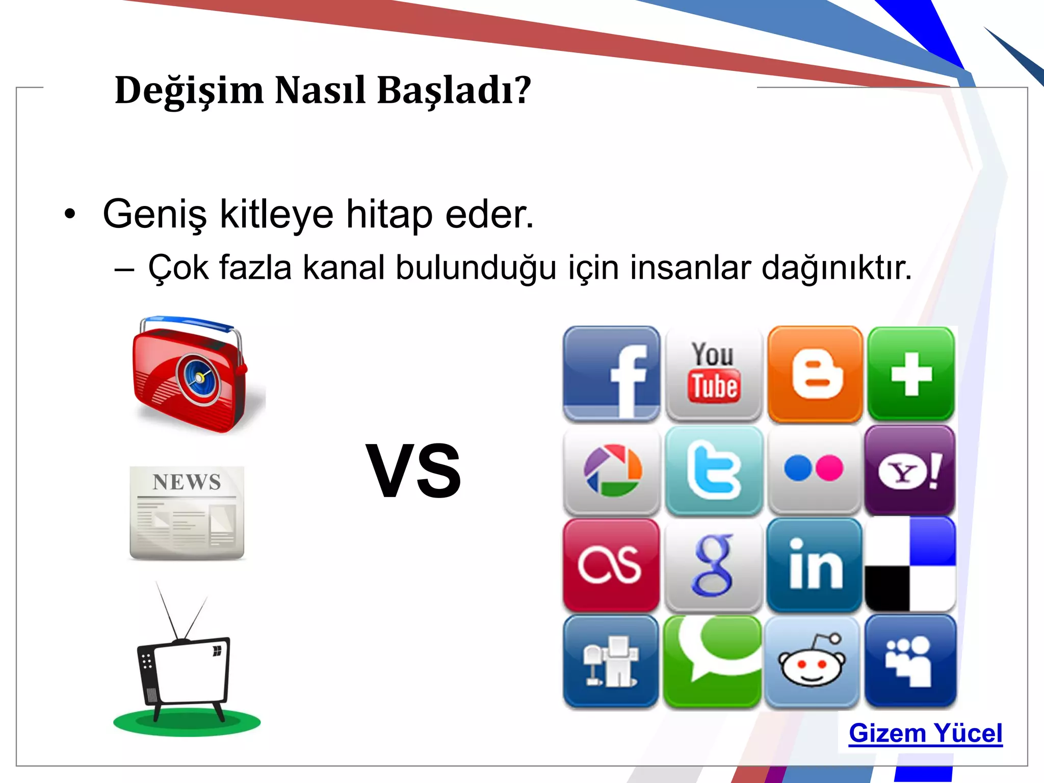 Değişim Nasıl Başladı?


• Geniş kitleye hitap eder.
  – Çok fazla kanal bulunduğu için insanlar dağınıktır.




                  VS


                                                  Gizem Yücel
 
