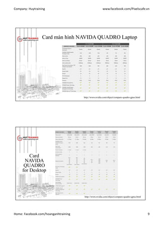 Company: Huytraining www.facebook.com/Pixelscafe.vn
Home: Facebook.com/hoanganhtraining 9
Card màn hình NAVIDA QUADRO Laptop
http://www.nvidia.com/object/compare-quadro-gpus.html
http://www.nvidia.com/object/compare-quadro-gpus.html
Card
NAVIDA
QUADRO
for Desktop
 