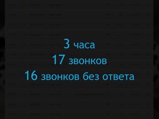 3 часа
17 звонков
16 звонков без ответа

 