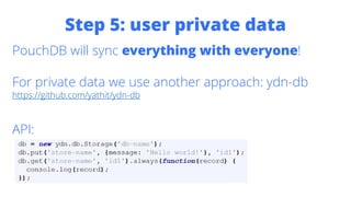Step 5: user private data
PouchDB will sync everything with everyone!
For private data we use another approach: ydn-db
https://github.com/yathit/ydn-db
API:
 