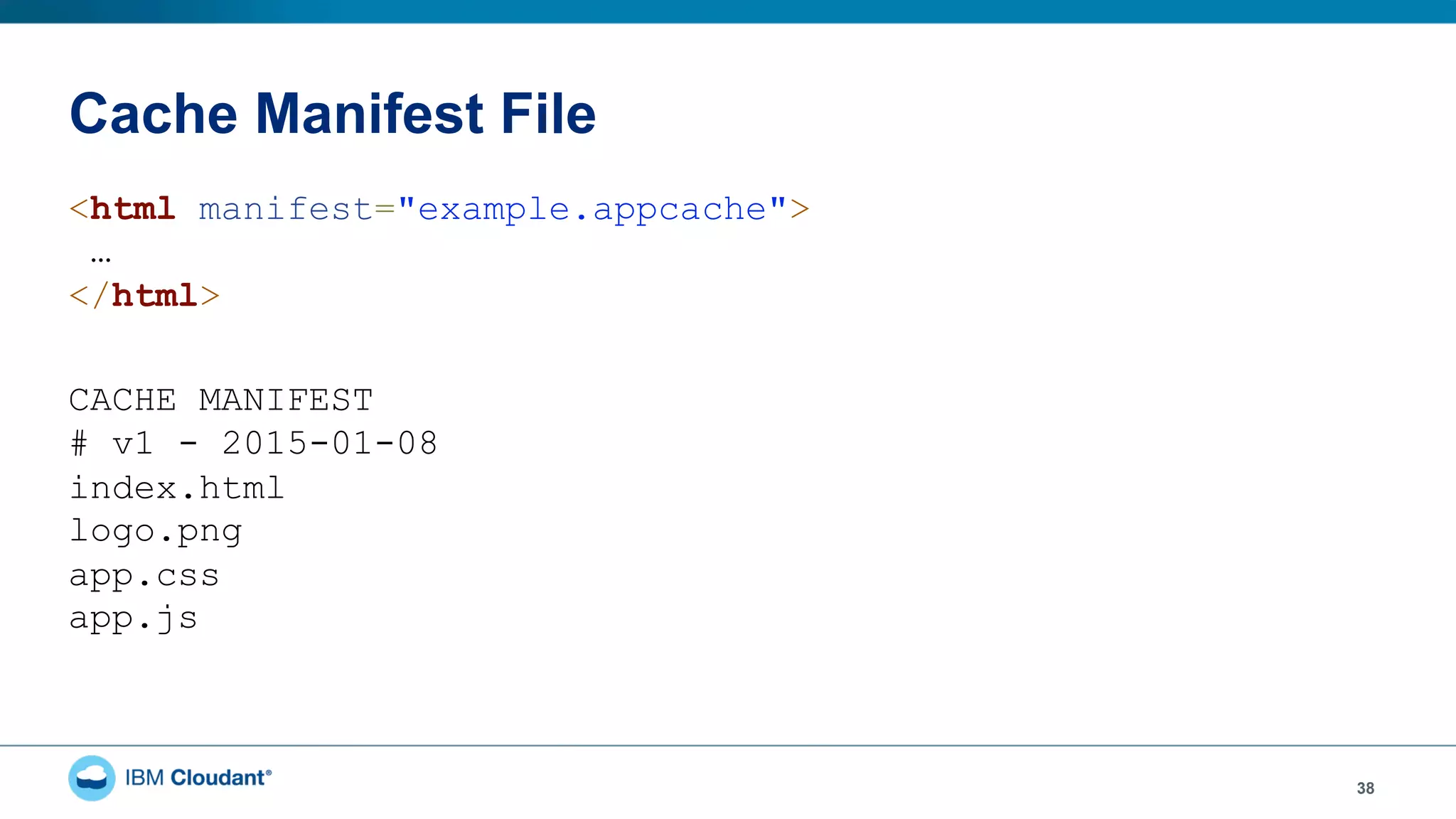 Cache Manifest File
38
<html manifest="example.appcache">
…
</html>
CACHE MANIFEST
# v1 - 2015-01-08
index.html
logo.png
app.css
app.js
 