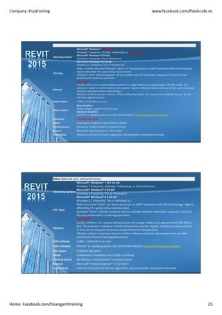 Company: Huytraining www.facebook.com/Pixelscafe.vn
Home: Facebook.com/hoanganhtraining 25
Operating System ¹
Microsoft® Windows® 7 SP1 64-bit:
Windows 7 Enterprise, Ultimate, Professional, or Home Premium
Microsoft® Windows® 8 64-bit:
Windows 8 Enterprise, Pro, or Windows 8
Microsoft® Windows® 8.1 64-bit:
Windows 8.1 Enterprise, Pro, or Windows 8.1
CPU Type
Single- or Multi-Core Intel® Pentium®, Xeon®, or i-Series processor or AMD® equivalent with SSE2 technology.
Highest affordable CPU speed rating recommended.
Autodesk® Revit® software products will use multiple cores for many tasks, using up to 16 cores for near-
photorealistic rendering operations.
Memory
•4 GB RAM
Usually sufficient for a typical editing session for a single model up to approximately 100 MB on disk. This
estimate is based on internal testing and customer reports. Individual models will vary in their use of computer
resources and performance characteristics.
•Models created in previous versions of Revit software products may require more available memory for the
one-time upgrade process.
Video Display 1,280 x 1,024 with true color
Video Adapter
Basic Graphics:
Display adapter capable of 24-bit color
Advanced Graphics:
DirectX® 11 capable graphics card with Shader Model 3 as recommended by Autodesk.
Disk Space 5 GB free disk space
Media Download or installation from DVD9 or USB key
Pointing Device MS-Mouse or 3Dconnexion® compliant device
Browser Microsoft® Internet Explorer® 7.0 (or later)
Connectivity Internet connection for license registration and prerequisite component download
Value: Balanced price and performance
Operating System ¹
Microsoft® Windows® 7 SP1 64-bit:
Windows 7 Enterprise, Ultimate, Professional, or Home Premium
Microsoft® Windows® 8 64-bit:
Windows 8 Enterprise, Pro, or Windows 8
Microsoft® Windows® 8.1 64-bit:
Windows 8.1 Enterprise, Pro, or Windows 8.1
CPU Type
Multi-Core Intel® Xeon®, or i-Series processor or AMD® equivalent with SSE2 technology. Highest
affordable CPU speed rating recommended.
Autodesk® Revit® software products will use multiple cores for many tasks, using up to 16 cores
for near-photorealistic rendering operations.
Memory
•8 GB RAM
Usually sufficient for a typical editing session for a single model up to approximately 300 MB on
disk. This estimate is based on internal testing and customer reports. Individual models will vary
in their use of computer resources and performance characteristics.
•Models created in previous versions of Revit software products may require more available
memory for the one-time upgrade process.
Video Display 1,680 x 1,050 with true color
Video Adapter DirectX® 11 capable graphics card with Shader Model 3 as recommended by Autodesk.
Disk Space 5 GB free disk space
Media Download or installation from DVD9 or USB key
Pointing Device MS-Mouse or 3Dconnexion® compliant device
Browser Microsoft® Internet Explorer® 7.0 (or later)
Connectivity Internet connection for license registration and prerequisite component download
 