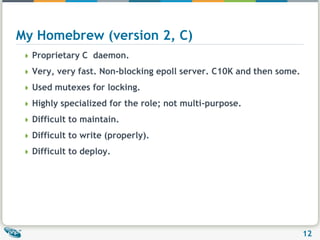My Homebrew (version 2, C)Proprietary C  daemon.Very, very fast. Non-blocking epoll server. C10K and then some.Used mutexes for locking.Highly specialized for the role; not multi-purpose.Difficult to maintain.Difficult to write (properly).Difficult to deploy.