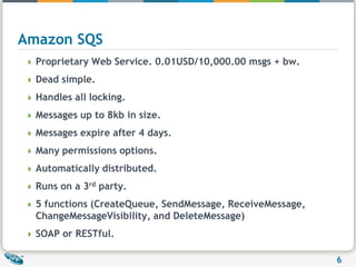 Amazon SQSProprietary Web Service. 0.01USD/10,000.00 msgs + bw.Dead simple.Handles all locking.Messages up to 8kb in size.Messages expire after 4 days.Many permissions options.Automatically distributed.Runs on a 3rd party.5 functions (CreateQueue, SendMessage, ReceiveMessage, ChangeMessageVisibility, and DeleteMessage)SOAP or RESTful.