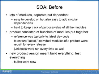 Proprietary and Confidential20SOA: Beforelots of modules, separate but dependenteasy to develop on but also easy to add circular dependencieshard to keep track of purpose/value of all the modulesproduct consisted of bunches of modules put togetherreference was typically to latest devcodeto ensure "latest," individual modules of a product were rebuilt for every releasejunittests were run every time as wellnew product version meant build everything, test everythingbuilds were slow
