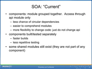 Proprietary and Confidential21SOA: “Current”components: module grouped together.  Access through api module onlyless chance of circular dependencieseasier to comprehend modulesmore flexibility to change code: just do not change apicomponents built/tested separatelyfaster buildsless repetitive testingsome shared modules still exist (they are not part of any component)
