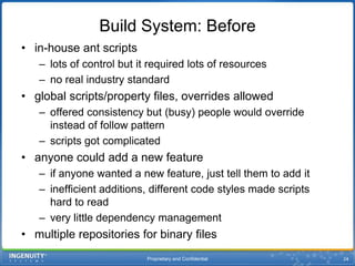 Proprietary and Confidential24Build System: Beforein-house ant scriptslots of control but it required lots of resourcesno real industry standardglobal scripts/property files, overrides allowedoffered consistency but (busy) people would override instead of follow patternscripts got complicatedanyone could add a new featureif anyone wanted a new feature, just tell them to add itinefficient additions, different code styles made scripts hard to readvery little dependency managementmultiple repositories for binary files