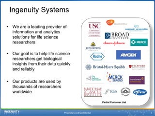 Ingenuity Systems  We are a leading provider of information and analytics solutions for life science researchers Our goal is to help life science researchers get biological insights from their data quickly and reliablyOur products are used by thousands of researchers worldwidePartial Customer ListProprietary and Confidential3