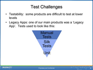 Proprietary and Confidential44Test ChallengesTestability:  some products are difficult to test at lower levelsLegacy Apps: one of our main products was a ‘Legacy App’.  Tests used to look like this: