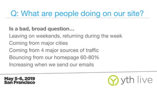 Q: What are people doing on our site?
Is a bad, broad question…
Leaving on weekends, returning during the week
Coming from major cities
Coming from 4 major sources of traﬃc
Bouncing from our homepage 60-80%
Increasing when we send our emails
 