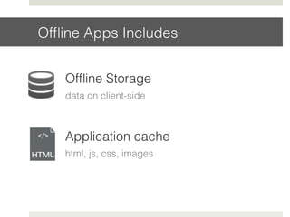Ofﬂine Apps Includes!
Ofﬂine Storage!
data on client-side!
Application cache!
html, js, css, images!
!
 
