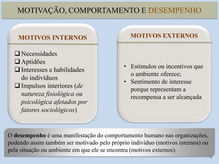 MOTIVAÇÃO, COMPORTAMENTO E DESEMPENHO
16
MOTIVOS INTERNOS
Necessidades
Aptidões
Interesses e habilidades
do indivíduos
Impulsos interiores (de
natureza fisiológica ou
psicológica afetados por
fatores sociológicos)
MOTIVOS EXTERNOS
• Estímulos ou incentivos que
o ambiente oferece;
• Sentimento de interesse
porque representam a
recompensa a ser alcançada
O desempenho é uma manifestação do comportamento humano nas organizações,
podendo assim também ser motivado pelo próprio indivíduo (motivos internos) ou
pela situação ou ambiente em que ele se encontra (motivos externos).
 
