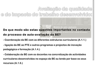 De que modo são estas questões importantes no contexto do processo de auto-avaliação da BE? - Coordenação da BE com as diferentes estruturas curriculares (A.1.1.) - ligação da BE ao PTE e outros programas e projectos de inovação pedagógica e formação (A.1.4.) - Colaboração da BE com os docentes na concretização de actividades curriculares desenvolvidas no espaço da BE ou tendo por base os seus recursos (A.1.6.) 