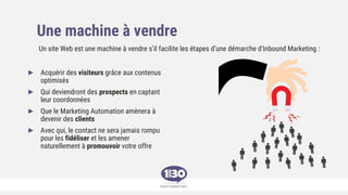 Une machine à vendre
► Acquérir des visiteurs grâce aux contenus
optimisés
► Qui deviendront des prospects en captant
leur coordonnées
► Que le Marketing Automation amènera à
devenir des clients
► Avec qui, le contact ne sera jamais rompu
pour les fidéliser et les amener
naturellement à promouvoir votre offre
Un site Web est une machine à vendre s’il facilite les étapes d’une démarche d’Inbound Marketing :
 