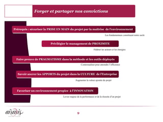 Forger et partager nos convictions



Prérequis : sécuriser la PRISE EN MAIN du projet par la maîtrise de l’environnement

                                                                              Les fondamentaux constituent notre socle


                         Privilégier le management de PROXIMITE

                                                                  Fédérer les acteurs et les énergies



 Faire preuve de PRAGMATISME dans la méthode et les outils déployés
                                                    Contextualiser pour atteindre l’efficience



  Savoir ancrer les APPORTS du projet dans la CULTURE de l’Entreprise

                                              Augmenter la valeur ajoutée du projet



  Favoriser un environnement propice à l’INNOVATION

                                  Levier majeur de la performance et de la réussite d’un projet




                                                9
 