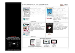 HP media SA
Régie d’espaces publicitaires
offrant un large éventail de supports
pour des campagnes sur mesure
Vue d’ensemble de nos supports B2B
2
Journal Entreprise Romande
Tirage: 22’665 exemplaires*
Nombre de parutions/an: 24
Lectorat : dirigeants/patrons de TPE-PME
Ciblage géographique: Genève
Distribution: abonnés et membres FER
+ caissettes au centre économique de
Genève
* certifié REMP
Journal HR Today – en français
Tirage: 2’600 exemplaires*
Nombre de parutions/an: 6
Lectorat: DRH entreprises >100 salariés
Ciblage géographique: Suisse romande
Distribution: abonnés
Journal HR Today – en allemand
Tirage: 6’000 exemplaires*
Nombre de parutions/an: 10
Lectorat: DRH entreprises >100 salariés
Ciblage géographique: Suisse alémanique
Distribution: abonnés
* certifié REMP
Magazine Entreprise Romande
Tirage: 22’665 exemplaires*
Nombre de parutions/an: 2
Lectorat: dirigeants/patrons de TPE-PME
Ciblage géographique: Genève
Distribution: abonnés et membres FER
+ caissettes au centre économique de
Genève
* certifié REMP
Annuaire Resource
Tirage: 10’000 exemplaires
Nombre de parutions/an: 1
Lectorat: DRH entreprises >100 salariés
Ciblage géographique: toute la Suisse
Distribution: abonnés + salon RH +
Personal Swiss + librairies
Des supports déclinés online
Application Ipad Entreprise Romande hrlink.chwww.hrtoday.ch
 