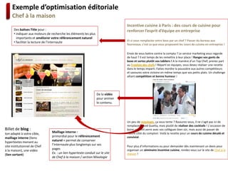 Exemple d’optimisation éditoriale
     Chef à la maison
                                                                                Incentive cuisine à Paris : des cours de cuisine pour
      Des balises Title pour :                                                  renforcer l’esprit d’équipe en entreprise
      • indiquer aux moteurs de recherche les éléments les plus
        importants et améliorer votre référencement naturel
                                                                                Et si vous remplaciez votre boss par un chef ? Passer du bureau aux
      • faciliter la lecture de l’internaute
                                                                                fourneaux, c’est ce que vous proposent les cours de cuisine en entreprise !

                                                                                Envie de vous battre contre la compta ? Le service marketing vous regarde
                                                                                de haut ? Il est temps de les remettre à leur place ! Rangez vos gants de
                                                                                boxe et sortez plutôt vos tabliers ! A la manière d’un Top Chef, prenez part
                                                                                au Trophée des chefs ! Réparti en équipes, vous devez réaliser une recette
                                                                                dans le temps imparti. Faites mordre la poussière aux autres compétiteurs
                                                                                et savourez votre victoire en même temps que vos petits plats. Un challenge
                                                                                alliant compétition et bonne humeur !




                                                                  De la vidéo
                                                                  pour animer
                                                                  le contenu.




                                                                                Un peu de mixologie, ça vous tente ? Rassurez-vous, il ne s’agit pas ici de
                                                                                remplacer David Guetta, mais plutôt de réaliser des cocktails ! L’occasion de
Billet de blog :                                                                boire un petit verre avec vos collègues bien sûr, mais aussi de passer de
ton adapté à votre cible,       Maillage interne :                              l’autre côté du comptoir. Voilà la recette pour un cours de cuisine décalé et
maillage interne (liens         primordial pour le référencement                convivial.
hypertextes menant au           naturel + permet de conserver
site institutionnel de Chef     l’internaute plus longtemps sur ses             Pour plus d’informations ou pour demander dès maintenant un devis pour
à la maison), une vidéo         pages                                           organiser un séminaire incentive cuisine, rendez-vous sur le site de Chef à la
(lien sortant)                  Ex. : un lien hypertexte conduit sur le site    maison !
                                de Chef à la maison / section Mixologie
 