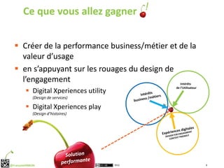 Ce que vous allez gagner


   Créer de la performance business/métier et de la
    valeur d’usage
   en s’appuyant sur les rouages du design de
    l’engagement                                  Intérêts
                                               de l’Utilisateur
          Digital Xperiences utility
             (Design de services)

          Digital Xperiences play
             (Design d’histoires)




@FrançoisVERRON                         2012                      8
 