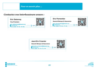 Pour en savoir plus …



Contactez vos interlocuteurs weave :

     Eric Delannoy                                            Eric Parmentier
                                                              Associé Banque & Assurance
     Vice-Président
                                                              eric.parmentier@weave.eu
     eric.delannoy@weave.eu
                                                              +33 (0)6 73 43 17 53
     +33 (0)6 73 43 18 62




                                Jean-Eric Crosnier
                                Associé Banque & Assurance
                                jean-eric.crosnier@weave.eu
                                +33 (0)6 73 15 73 78




                                                         11
 