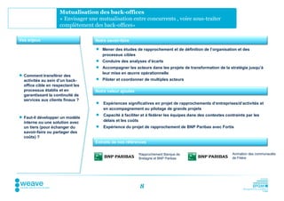 Mutualisation des back-offices
                     « Envisager une mutualisation entre concurrents , voire sous-traiter
                     complètement des back-offices»

Vos enjeux                          Notre savoir-faire

                                     Mener des études de rapprochement et de définition de l’organisation et des
                                      processus cibles
                                     Conduire des analyses d’écarts
                                     Accompagner les acteurs dans les projets de transformation de la stratégie jusqu’à
                                      leur mise en œuvre opérationnelle
 Comment transférer des
  activités au sein d’un back-       Piloter et coordonner de multiples acteurs
  office cible en respectant les
  processus établis et en           Notre valeur ajoutée
  garantissant la continuité de
  services aux clients finaux ?
                                       Expériences significatives en projet de rapprochements d‘entreprises/d’activités et
                                        en accompagnement au pilotage de grands projets
                                       Capacité à faciliter et à fédérer les équipes dans des contextes contraints par les
 Faut-il développer un modèle
  interne ou une solution avec          délais et les coûts
  un tiers (pour échanger du           Expérience du projet de rapprochement de BNP Paribas avec Fortis
  savoir-faire ou partager des
  coûts) ?
                                    Extraits de nos références

                                                           Rapprochement Banque de                          Animation des communautés
                                                           Bretagne et BNP Paribas                          de Filière




                                                           8
 