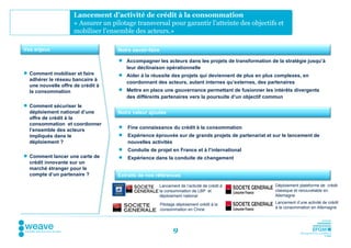 Lancement d’activité de crédit à la consommation
                     « Assurer un pilotage transversal pour garantir l’atteinte des objectifs et
                     mobiliser l’ensemble des acteurs.»

Vos enjeux                          Notre savoir-faire

                                      Accompagner les acteurs dans les projets de transformation de la stratégie jusqu’à
                                       leur déclinaison opérationnelle
 Comment mobiliser et faire          Aider à la réussite des projets qui deviennent de plus en plus complexes, en
  adhérer le réseau bancaire à
                                       coordonnant des acteurs, autant internes qu’externes, des partenaires
  une nouvelle offre de crédit à
  la consommation                     Mettre en place une gouvernance permettant de fusionner les intérêts divergents
                                       des différents partenaires vers la poursuite d’un objectif commun
 Comment sécuriser le
  déploiement national d’une        Notre valeur ajoutée
  offre de crédit à la
  consommation et coordonner
                                        Fine connaissance du crédit à la consommation
  l’ensemble des acteurs
  impliqués dans le                     Expérience éprouvée sur de grands projets de partenariat et sur le lancement de
  déploiement ?                          nouvelles activités
                                        Conduite de projet en France et à l’international
 Comment lancer une carte de           Expérience dans la conduite de changement
  crédit innovante sur un
  marché étranger pour le
  compte d’un partenaire ?          Extraits de nos références

                                                         Lancement de l’activité de crédit à         Déploiement plateforme de crédit
                                                         la consommation de LBP et                   classique et renouvelable en
                                                         déploiement national                        Allemagne

                                                         Pilotage déploiement crédit à la            Lancement d’une activité de crédit
                                                         consommation en Chine                       à la consommation en Allemagne




                                                                9
 