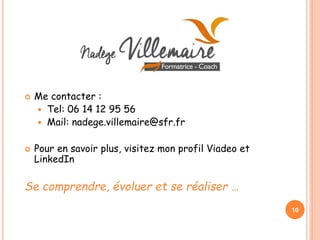  Me contacter :
 Tel: 06 14 12 95 56
 Mail: nadege.villemaire@sfr.fr
 Pour en savoir plus, visitez mon profil Viadeo et
LinkedIn
Se comprendre, évoluer et se réaliser …
10
 