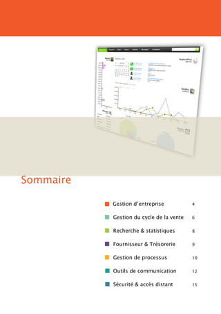 Sommaire

           Gestion d’entreprise           4


           Gestion du cycle de la vente   6


           Recherche & statistiques       8


           Fournisseur & Trésorerie       9


           Gestion de processus           10


           Outils de communication        12


           Sécurité & accès distant       15
 