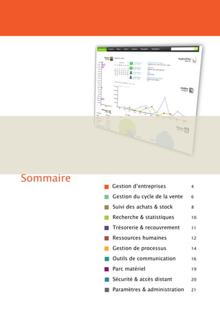 Sommaire
           Gestion d’entreprises          4

           Gestion du cycle de la vente   6

           Suivi des achats & stock       8

           Recherche & statistiques       10

           Trésorerie & recouvrement      11

           Ressources humaines            12

           Gestion de processus           14

           Outils de communication        16

           Parc matériel                  19

           Sécurité & accès distant       20

           Paramètres & administration    21
 