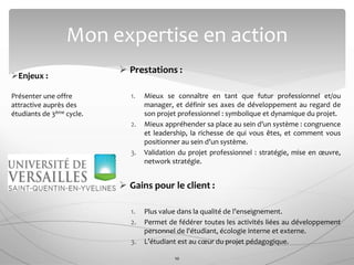  Prestations :
1. Mieux se connaître en tant que futur professionnel et/ou
manager, et définir ses axes de développement au regard de
son projet professionnel : symbolique et dynamique du projet.
2. Mieux appréhender sa place au sein d’un système : congruence
et leadership, la richesse de qui vous êtes, et comment vous
positionner au sein d’un système.
3. Validation du projet professionnel : stratégie, mise en œuvre,
network stratégie.
 Gains pour le client :
1. Plus value dans la qualité de l’enseignement.
2. Permet de fédérer toutes les activités liées au développement
personnel de l'étudiant, écologie interne et externe.
3. L’étudiant est au cœur du projet pédagogique.
Mon expertise en action
10
Enjeux :
Présenter une offre
attractive auprès des
étudiants de 3ème cycle.
 