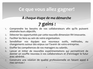 À chaque étape de ma démarche
7 gains :
1. Comprendre les besoins de vos collaborateurs afin qu’ils puissent
atteindre leurs objectifs.
2. Détecter les opportunités par cette nouvelle dimension RH innovante.
3. Faciliter les liens au sein de votre organisation.
4. Sensibiliser vos équipes aux nouveaux outils, méthodes, ou
changements autour des enjeux sur l’avenir de votre entreprise.
5. Etoffer les compétences de vos managers ou salariés.
6. Lancer et initier de nouvelles expérimentations qui permettront de
donner un souffle nouveau à vos collaborateurs et d’envisager le futur
avec sérénité.
7. Construire une relation de qualité professionnelle en faisant appel à
mes services !
Ce que vous allez gagner!
8
 