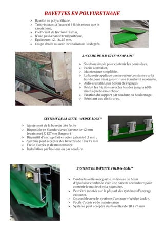 BAVETTES EN POLYURETHANE
 Double bavette avec partie intérieure de 6mm
d’épaisseur combinée avec une bavette secondaire pour
contenir le matériel et la poussière.
 Peut être montée sur la plupart des systèmes d’ancrage
existants.
 Disponible avec le système d’ancrage « Wedge Lock ».
 Facile d’accès et de maintenance
 Système peut accepter des bavettes de 10 à 25 mm
SYSTEME DE BAVETTE - WEDGE-LOCK™
SYSTEME DE BAVETTE “SNAP-LOC”
SYSTEME DE BAVETTE FOLD-N-SEAL™
 Ajustement de la bavette très facile
 Disponible en Standard avec bavette de 12 mm
(épaisseur) X 127mm (largeur)
 Dispositif d’ancrage fait en acier galvanisé ,3 mm ,
 Système peut accepter des bavettes de 10 à 25 mm
 Facile d’accès et de maintenance
 Installation par boulons ou par soudure.
 Solution simple pour contenir les poussières,
 Facile à installer,
 Maintenance simplifiée,
 La bavette applique une pression constante sur la
bande pour ainsi garantir une étanchéité maximale,
 Auto-ajustable, pas besoin de réglages
 Réduit les frictions avec les bandes jusqu'à 60%
moins que le caoutchouc,
 Fixation du support par soudure ou boulonnage,
 Résistant aux déchirures.
 Bavette en polyuréthane,
 Très résistant à l’usure 6 à 8 fois mieux que le
caoutchouc,
 Coefficient de friction très bas,
 N’use pas la bande transporteuse,
 Epaisseurs 12, 16 ,25 mm,
 Coupe droite ou avec inclinaison de 30 degrés,
 