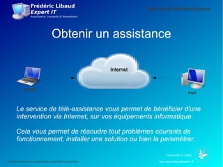 Frédéric Libaud
                                                                               Service de télé-assistance
                     Expert IT
                     Assistance, conseils & formations




                                        Obtenir un assistance

                                                                    Internet


               VOUS
                                                                                                           moi


        Le service de télé-assistance vous permet de bénéficier d'une
        intervention via Internet, sur vos équipements informatique.

        Cela vous permet de résoudre tout problèmes courants de
        fonctionnement, installer une solution ou bien la paramétrer.

                                                                                         Copyright © 2012

Conditions et tarifs non contractuelles, modifiables sans préavis                   http://www.libaudfrederic.fr
 