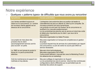 Notre expérience
   Quelques « patterns types» de difficultés que nous avons pu rencontrer
    chez nos clients.
    Symptômes                 Causes potentielles

    Les Ventes semblent toujours en        L’entreprise s’est endormie dans sa position de leader et
    retard sur la concurrence. Le nombre   culturellement est plus en attente du client qu’en conquête. De
    de nouveaux clients gagnés est en      nouveaux entrants sont plus dynamiques.
    dessous de la concurrence .            Les produits ne sont pas à la hauteur de la concurrence ou
                                           souffrent d’un mauvais positionnement.
                                           Le mix produit/service penche vers le service et induit des coûts
                                           et délais plus importants pour le client que ceux de la
                                           concurrence.
                                           Mauvaise organisation du Sales Process
    Les projets de mise place des          Mauvaise organisation et manque de compétences en gestion
    produits chez le client                de projet.
    (accompagnement service) sont le       Le produit requiert trop de services de customisation par rapport
    plus souvent en perte.                 à la concurrence. Le prix de vente ne couvre pas l’effort en
                                           service nécessaire.
    La R&D ne sort jamais le produit à     Mauvais choix technologiques
    temps et n’a pas la productivité       Mauvaise organisation de la R&D
    attendue                               Cycle produit déficient: mauvais lien avec le Marketing Produit
                                           (ou absence de ce marketing)
    Coût de maintenance et support non     Mauvais outillage et organisation du Support
    maîtrisés et trop élevés.              Le mix produit/service vers le service induit de très nombreuses
                                           configurations clients différentes qui ne permettent pas de
                                           factoriser les actions de support.
                                                                                                               4
 