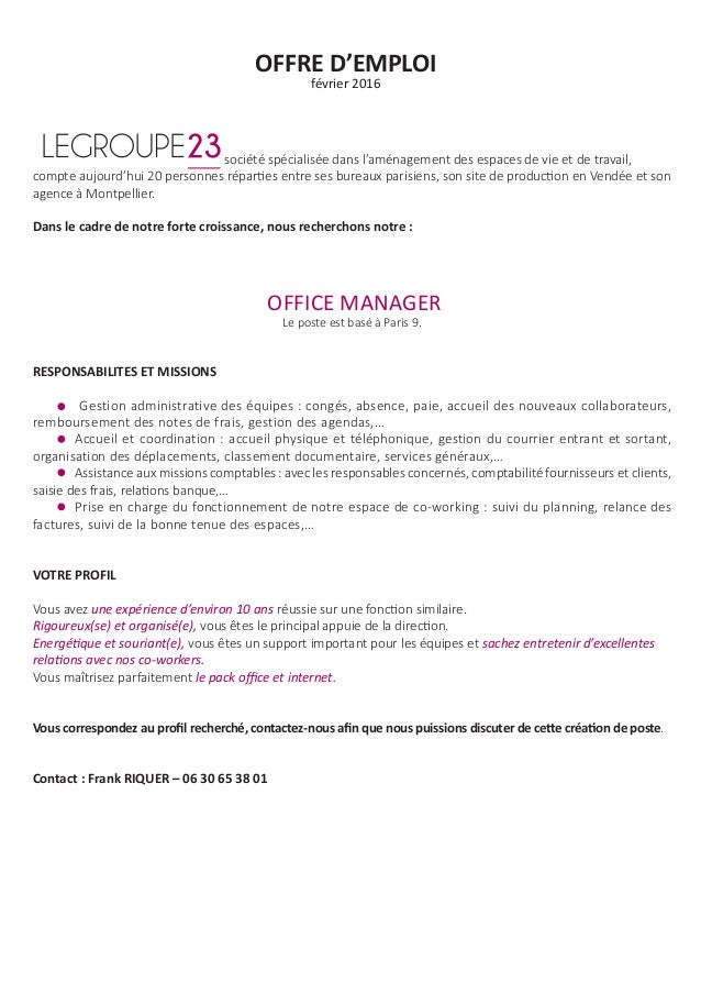 Offre emploi  office manager  février 2016