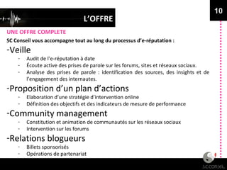L’OFFRE
UNE OFFRE COMPLETE
10
SC Conseil vous accompagne tout au long du processus d’e-réputation :
-Veille
- Audit de l’e-réputation à date
- Écoute active des prises de parole sur les forums, sites et réseaux sociaux.
- Analyse des prises de parole : identification des sources, des insights et de
l’engagement des internautes.
-Proposition d’un plan d’actions
- Elaboration d’une stratégie d’intervention online
- Définition des objectifs et des indicateurs de mesure de performance
-Community management
- Constitution et animation de communautés sur les réseaux sociaux
- Intervention sur les forums
-Relations blogueurs
- Billets sponsorisés
- Opérations de partenariat
 