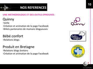 NOS REFERENCES
UNE METHODOLOGIE ET DES OUTILS EPROUVES
10
Quinny
-Veille
-Création et animation de la page Facebook
-Billets partenaires de mamans blogueuses
Bébé confort
-Relations blogs
Produit en Bretagne
-Relations blogs bretons
-Création et animation de la page Facebook
 