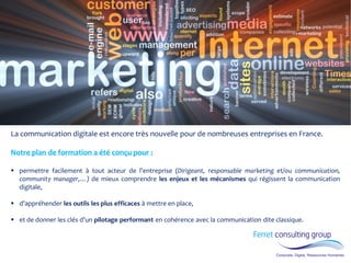 La communication digitale est encore très nouvelle pour de nombreuses entreprises en France. Notre plan de formation a été conçu pour : 
permettre facilement à tout acteur de l’entreprise (Dirigeant, responsable marketing et/ou communication, community manager,…) de mieux comprendre les enjeux et les mécanismes qui régissent la communication digitale, 
d’appréhender les outils les plus efficaces à mettre en place, 
et de donner les clés d’un pilotage performant en cohérence avec la communication dite classique.  