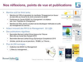 Nos réflexions, points de vue et publications

   Membre actif de think tanks
     •   Membre de l’OSI et signataire du manifeste "Engagement en faveur
         du bien-être au travail et du droit universel à la santé"
     •   Partenaire du Cercle ESSEC du Changement et créateur
         des 1ers Trophées du Changement
     •   Membre de l’IES, dont la vocation est de développer méthodes et outils
         de management du service…
   Acteur innovant des RH & du Management : BJ L@b
   Des publications régulières
     •   Baromètre Bernard Julhiet Group Ipsos et la Tribune
         Bien-être au travail des français 2010
     •   Baromètre Bernard Julhiet Group Dynamique Compétence 2010
     •   Articles, points de vue et parutions : RH&M, La Tribune…
   Plus de 200 ouvrages
     •   Collection les BASIC du Management
     •   L’Atlas du management…




                                       © Bernard Julhiet Group - Tous droits réservés   11
 