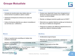Groupe Mutualiste

Contexte                                                             Enjeux

 Contexte de transformation des métiers dans un                      Evaluer avec objectivité l’impact des changements en
  environnement mutualiste en pleine mutation                          termes de risques psychosociaux pour établir un plan
                                                                       d’action concret et adapté
 Volonté de l’entreprise de renforcer son action de
  prévention                                                          Recréer un dialogue social de qualité avec le CHSCT

 Culture d’entreprise attachée aux valeurs mutualistes et            Démontrer aux salariés l’attention portée par la direction à
  aux services aux « adhérents »                                       leur vécu en matière de changement

                                                                      Préserver la cohésion des différents départements et la
                                                                       qualité des relations interpersonnelles



Mission                                                              Bénéfices

                                                                      Améliorations ergonomiques
• Créer un questionnaire scientifique et réaliser des
  entretiens individuels                                              Réduction du stress au moment du « passage au
                                                                       commercial »
• Réaliser une cartographie des facteurs de stress et des
  facteurs de protection                                              Clarifier l’organisation et les rôles

• Restituer les résultats via un « Tour de France » mené              Former les managers aux RPS et harmoniser les
  conjointement avec la Direction générale                             pratiques


                                               © Bernard Julhiet Group - Tous droits réservés                                    22
 