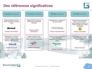 Des références significatives

 Gouverner autrement                S’organiser autrement                          Manager autrement                  Travailler autrement



 Intégrer durablement le bien-       Déploiement d’un projet de                  Déploiement d’un programme          Dispositif d’accompagnement
être au travail dans la politique    transformation (pluriactivité                    Nouveaux leaders                 vidant à réduire le techno-
            sociale                          caissières)                                                            stress et gagner en aisance en
                                                                                                                    matière d’usage des nouvelles
                                                                                                                              technologies


                                          Secteur grande
   Secteur informatique                    distribution                           Secteur agroalimentaire              Secteur automobile


 Déploiement d’un Itinéraire           Intégrer la prévention des               Déploiement de la performance        Accompagner les managers
  Compétences pour mieux            risques psychosociaux dans la                     et du management                 dans l’identification et la
connaître le capital humain et      mise en œuvre du changement                 autrement, dans l’équilibre et la         gestion du stress
 piloter son développement                                                                  durée




    Secteur assurance                   Secteur mutualiste                                                               Secteur bancaire
                                                                                     Secteur industrie




                                                      © Bernard Julhiet Group - Tous droits réservés                                                 9
 