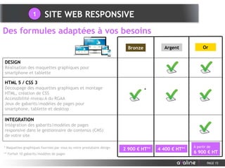 PAGE 15
Des formules adaptées à vos besoins
SITE WEB RESPONSIVE1
HTML 5 / CSS 3
Découpage des maquettes graphiques et montage
HTML, création de CSS
Accessibilité niveau A du RGAA
Jeux de gabarits/modèles de pages pour
smartphone, tablette et desktop
DESIGN
Réalisation des maquettes graphiques pour
smartphone et tablette
INTEGRATION
Intégration des gabarits/modèles de pages
responsive dans le gestionnaire de contenus (CMS)
de votre site
2 900 € HT** 4 400 € HT**
À partir de
6 900 € HT
* Maquettes graphiques fournies par vous ou votre prestataire design
** Forfait 10 gabarits/modèles de pages
*
Bronze Argent Or
 