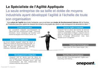 Le Spécialiste de l’Agilité Appliquée
La seule entreprise de sa taille et dotée de moyens
industriels ayant développé l’agilité à l’échelle de toute
son organisation
Copyright © onepoint
Conseil & Innovation
Architecture & Méthodes
Développement & Intégration
Services Agiles & Industriels
Expertises Technologiques
Expertises Méthodologiques
“U culture de l’agilité modes de fonctionnement internes
Les consultants onepoint accompagnent les clients
dans leur transformation Agile : coaching, formations,
Scrum Mastering de transition pour assister les équipes
et les Product Owner, etc.
Les Scrum Master onepoint aident les clients à définir et
à mettre en œuvre les pratiques Agile , et les intégrer
dans leur méthodes d’entreprise : jeux agiles,
« innovation games », poker planning, radiateurs,
méthodes de priorisation, etc.
Onepoint met en œuvre pour les clients les
technologies qui leur permettent d’informatiser le suivi
et l’animation d’équipe Scrum, ainsi que l’automatisation
des tests indispensables aux livraisons itératives des
produits.
Onepoint met en place des Centres de Services
composés d’équipes Scrum. Colocalisé chez les clients
ou externalisés en Région, onepoint met en place les
méthodes qui permettent aux Product Owner d’interagir
efficacement avec leurs équipes Scrum autogérées.
Vision One, On Time, Green Hoper / Jira, …
Scrum, Kan Ban, Visual Management, Agilité Lean,
Coaching, Lean Startup, …
 